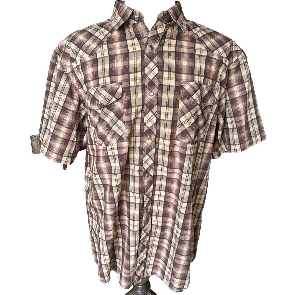 Coastal Mens Brown Plaid Short Sleeve Western Pearl Snap Shirt Cowboy XXL